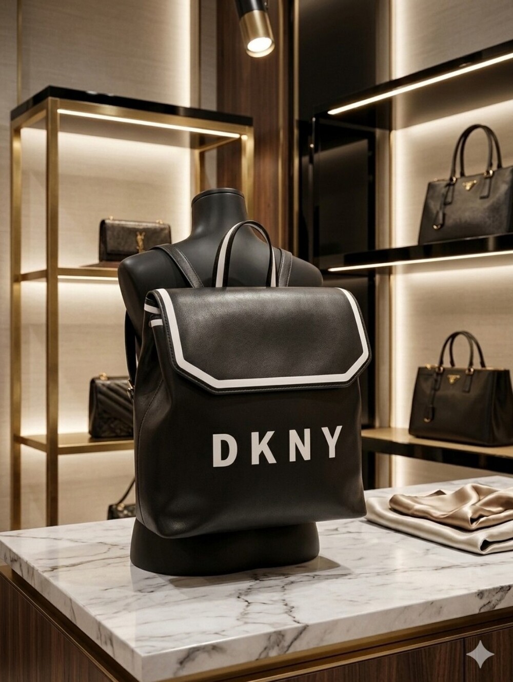DKNY Black and White Logo Flap Backpack